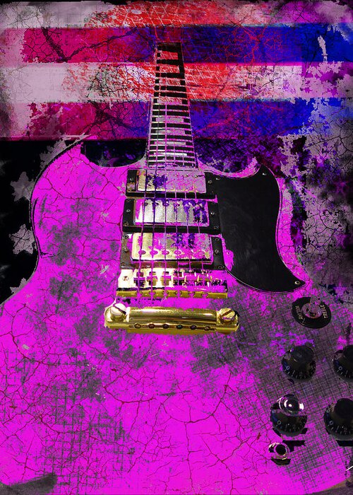 Sg Greeting Card featuring the digital art Pink Guitar against American Flag by Guitarwacky Fine Art
