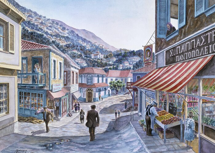 Small Town In Greece Greeting Card featuring the painting Pink House On Navarino St. by Stanton Manolakas