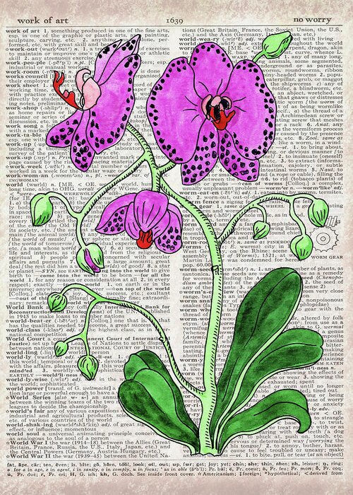 Dictionary Greeting Card featuring the painting Pink Orchid Dictionary Page Watercolor Art by Irina Sztukowski