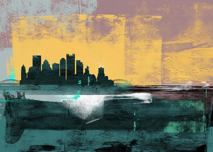 Pittsburgh Greeting Card featuring the mixed media Pittsburgh Abstract Skyline I by Naxart Studio