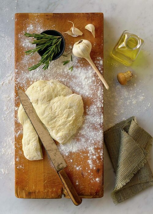 Cutting Board Greeting Card featuring the photograph Pizza Dough And Ingredients On Cutting by Brian Macdonald