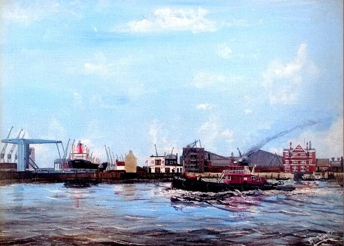 Pla Greeting Card featuring the painting Pla Tug Placard Pa,ssing West India Dock Entrance, London 1980 by Mackenzie Moulton