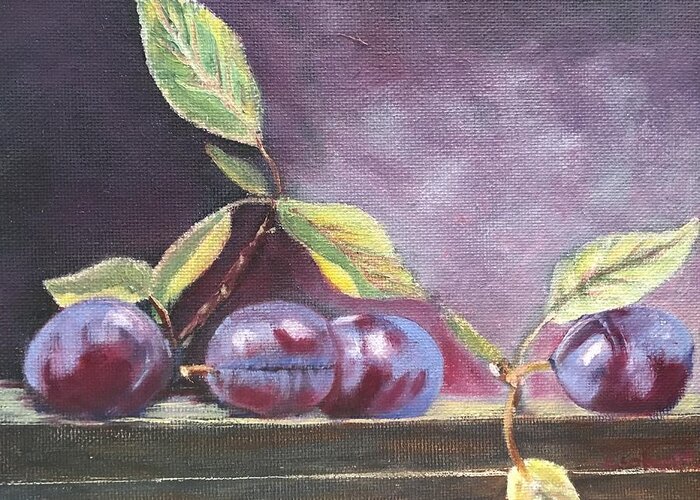 Plums Greeting Card featuring the painting Plums on board by Sharon Schultz