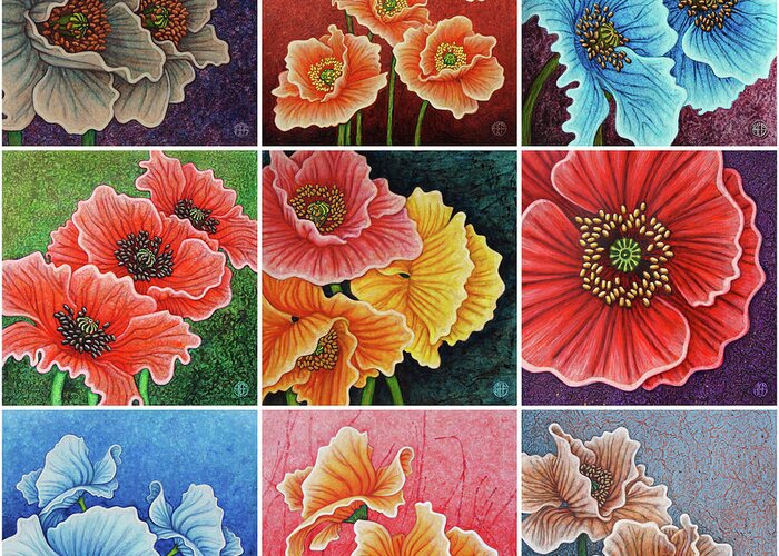Poppy Greeting Card featuring the painting Poppy Painting Tiles x 9 Set 2 by Amy E Fraser