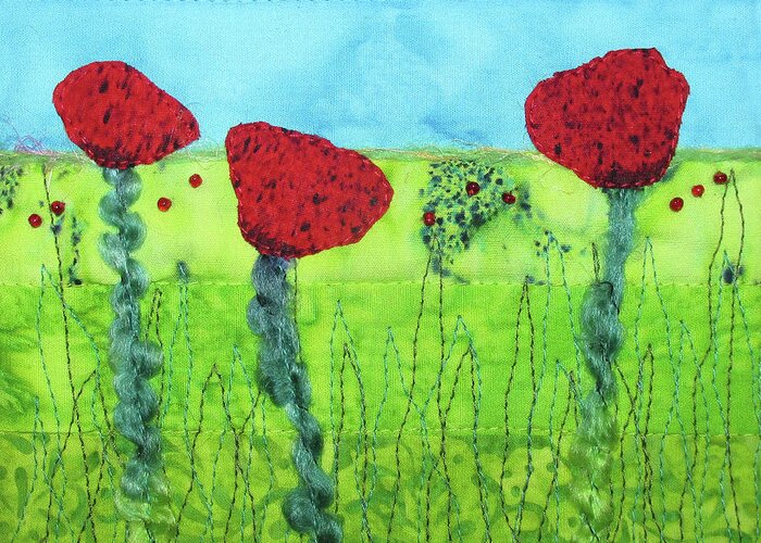 Art Quilt Greeting Card featuring the tapestry - textile Poppy Power by Pam Geisel