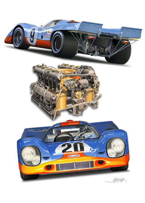 Porsche 917 Poster Illustration With Motor Greeting Card featuring the drawing Porsche 917 Poster Illustration by Alain Jamar