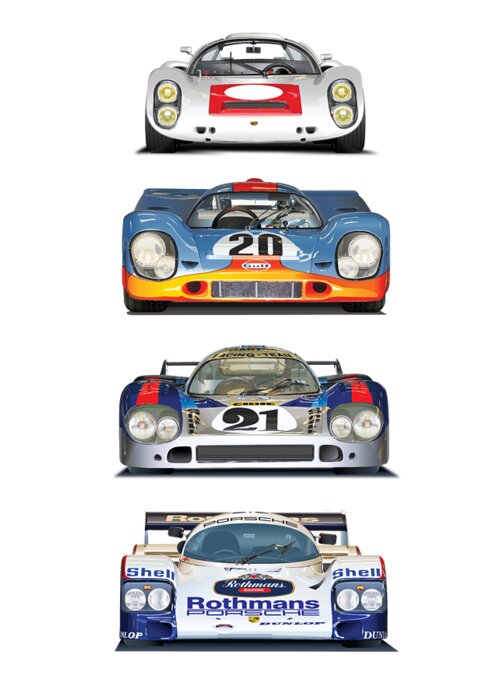 Porsche Illustrations Poster Some Of Porsche Most Significant Race Cars Greeting Card featuring the drawing Porsche Illustrations Poster by Alain Jamar