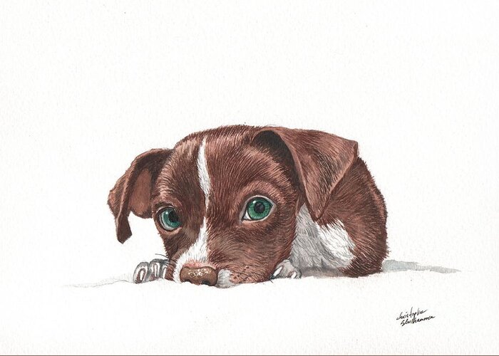 Chocolate Greeting Card featuring the painting Portrait of a Chihuahua puppy in watercolor by Christopher Shellhammer