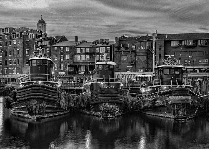 Portsmouth Greeting Card featuring the photograph Portsmouth Tugboats at Dawn in Black and White by Thomas Lavoie