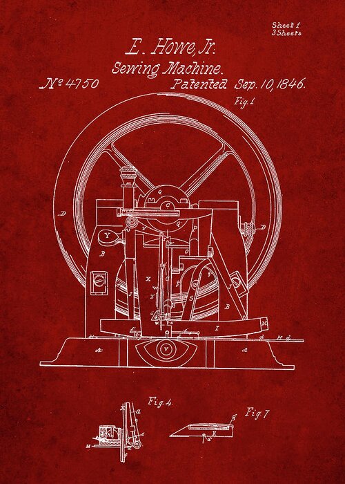 Pp1035-burgundy Singer Sewing Machine Patent Poster Greeting Card featuring the digital art Pp1035-burgundy Singer Sewing Machine Patent Poster by Cole Borders