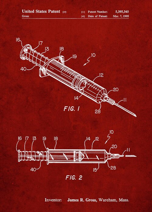Pp1080-burgundy Syringe Patent Poster Greeting Card featuring the digital art Pp1080-burgundy Syringe Patent Poster by Cole Borders