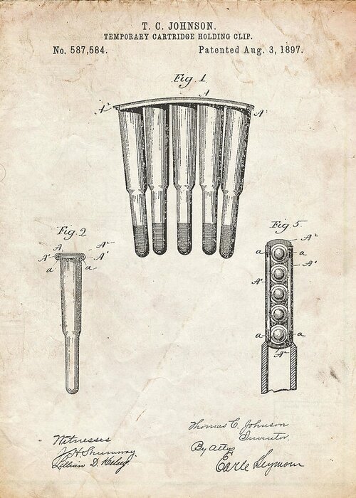 Pp1089-vintage Parchment Temporary Cartridge Holding Clip 1897 Patent Poster Greeting Card featuring the photograph Pp1089-vintage Parchment Temporary Cartridge Holding Clip 1897 Patent Poster by Cole Borders