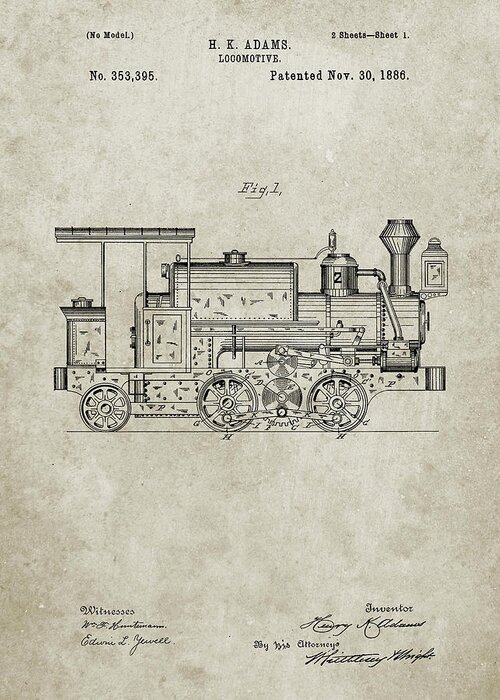 Pp122- Sandstone Steam Locomotive 1886 Patent Poster Greeting Card featuring the digital art Pp122- Sandstone Steam Locomotive 1886 Patent Poster by Cole Borders