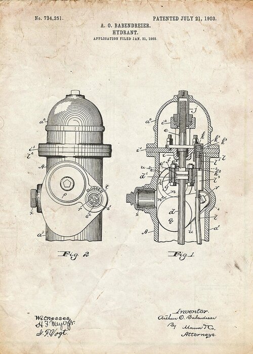 Pp210-vintage Parchment Fire Hydrant 1903 Patent Poster Greeting Card featuring the digital art Pp210-vintage Parchment Fire Hydrant 1903 Patent Poster by Cole Borders