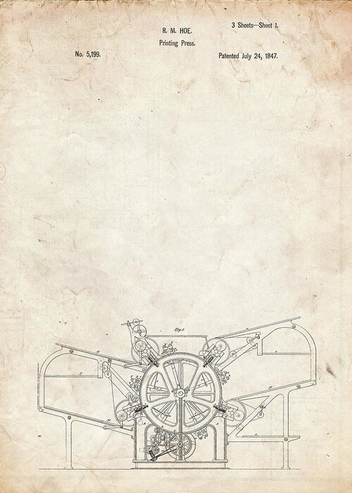 Pp213-vintage Parchment Printing Press Patent Poster Greeting Card featuring the digital art Pp213-vintage Parchment Printing Press Patent Poster by Cole Borders