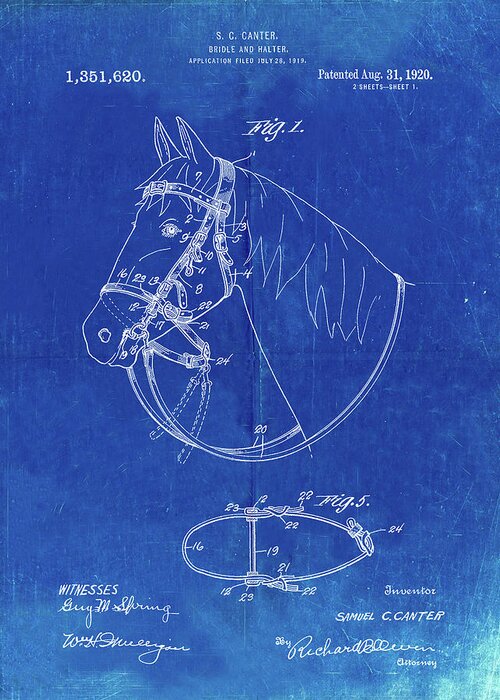 Pp338-faded Blueprint Bridle And Halter Patent Poster Greeting Card featuring the digital art Pp338-faded Blueprint Bridle And Halter Patent Poster by Cole Borders