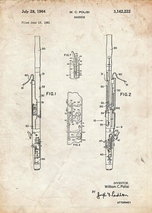 Pp392-vintage Parchment Bassoon Patent Poster Greeting Card featuring the digital art Pp392-vintage Parchment Bassoon Patent Poster by Cole Borders
