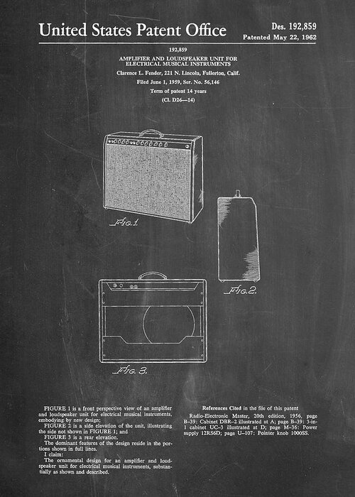 Pp405-chalkboard Fender 1962 Pro Amp Patent Poster Greeting Card featuring the digital art Pp405-chalkboard Fender 1962 Pro Amp Patent Poster by Cole Borders