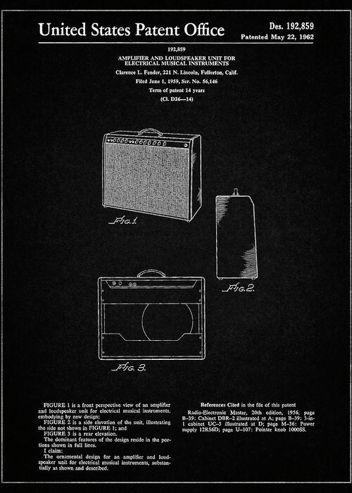 Pp405-vintage Black Fender 1962 Pro Amp Patent Poster Greeting Card featuring the digital art Pp405-vintage Black Fender 1962 Pro Amp Patent Poster by Cole Borders