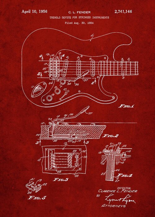 Pp46-burgundy Fender Guitar Tremolo Poster Greeting Card featuring the digital art Pp46-burgundy Fender Guitar Tremolo Poster by Cole Borders
