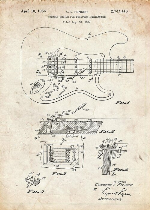 Pp46-vintage Parchment Fender Guitar Tremolo Poster Greeting Card featuring the digital art Pp46-vintage Parchment Fender Guitar Tremolo Poster by Cole Borders