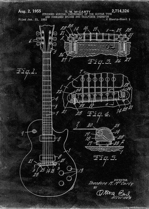 Pp47-black Grunge Gibson Les Paul Guitar Patent Poster Greeting Card featuring the digital art Pp47-black Grunge Gibson Les Paul Guitar Patent Poster by Cole Borders