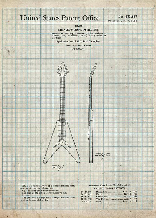 Pp48-antique Grid Parchment Gibson Flying V Guitar Poster Greeting Card featuring the digital art Pp48-antique Grid Parchment Gibson Flying V Guitar Poster by Cole Borders