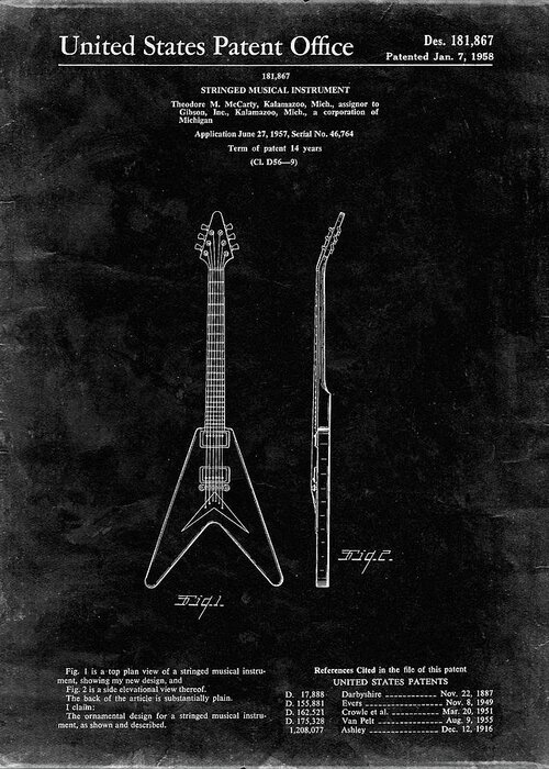Pp48-black Grunge Gibson Flying V Guitar Poster Greeting Card featuring the digital art Pp48-black Grunge Gibson Flying V Guitar Poster by Cole Borders
