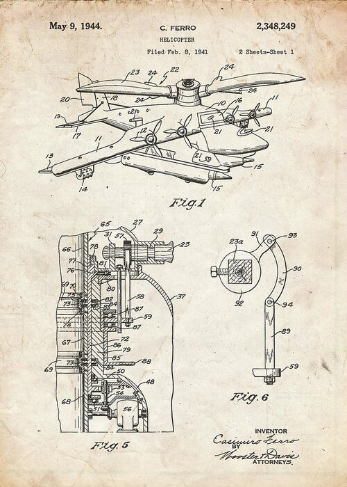 Pp500-vintage Parchment Early Helicopter Patent Poster Greeting Card featuring the digital art Pp500-vintage Parchment Early Helicopter Patent Poster by Cole Borders