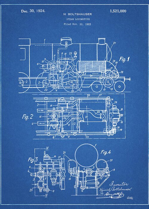 Pp516-blueprint Steam Train Locomotive Patent Poster Greeting Card featuring the digital art Pp516-blueprint Steam Train Locomotive Patent Poster by Cole Borders