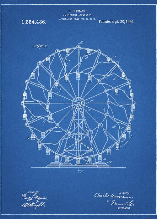 Pp615-blueprint Ferris Wheel 1920 Patent Poster Greeting Card featuring the digital art Pp615-blueprint Ferris Wheel 1920 Patent Poster by Cole Borders