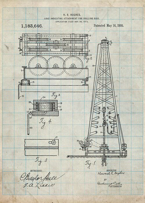 Pp66-antique Grid Parchment Howard Hughes Oil Drilling Rig Patent Poster Greeting Card featuring the digital art Pp66-antique Grid Parchment Howard Hughes Oil Drilling Rig Patent Poster by Cole Borders