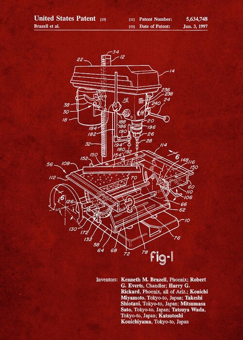 Pp788-burgundy Drill Press Patent Poster Greeting Card featuring the digital art Pp788-burgundy Drill Press Patent Poster by Cole Borders