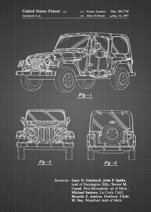Pp899-black Grid Jeep Wrangler 1997 Patent Poster Greeting Card featuring the digital art Pp899-black Grid Jeep Wrangler 1997 Patent Poster by Cole Borders