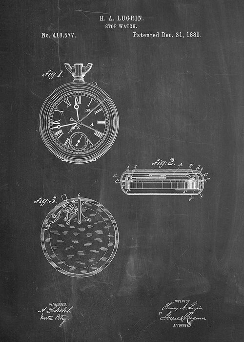 Pp940-chalkboard Lemania Swiss Stopwatch Patent Poster Greeting Card featuring the digital art Pp940-chalkboard Lemania Swiss Stopwatch Patent Poster by Cole Borders