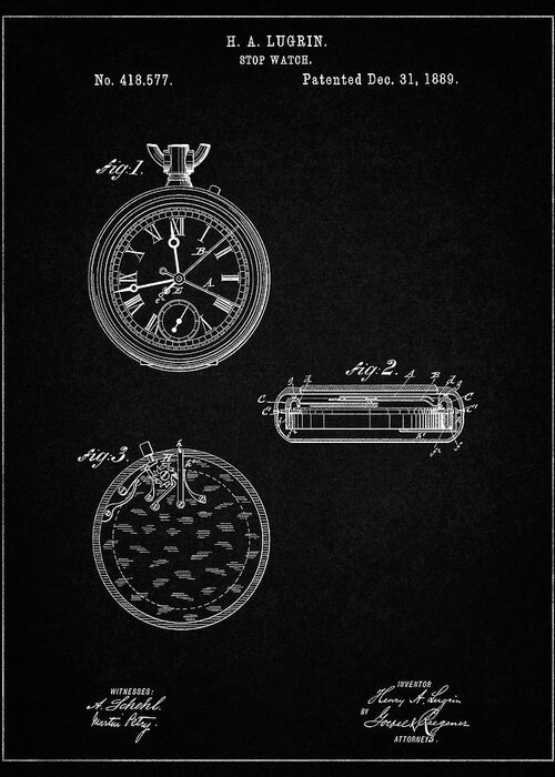 Pp940-vintage Black Lemania Swiss Stopwatch Patent Poster Greeting Card featuring the photograph Pp940-vintage Black Lemania Swiss Stopwatch Patent Poster by Cole Borders
