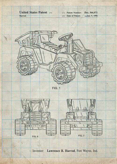 Pp951-antique Grid Parchment Mattel Kids Dump Truck Patent Poster Greeting Card featuring the digital art Pp951-antique Grid Parchment Mattel Kids Dump Truck Patent Poster by Cole Borders