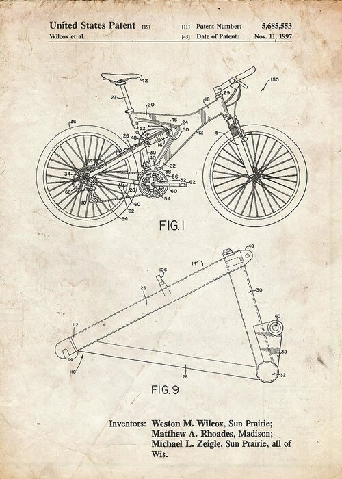 Pp965-vintage Parchment Mountain Bike Patent Art Greeting Card featuring the digital art Pp965-vintage Parchment Mountain Bike Patent Art by Cole Borders