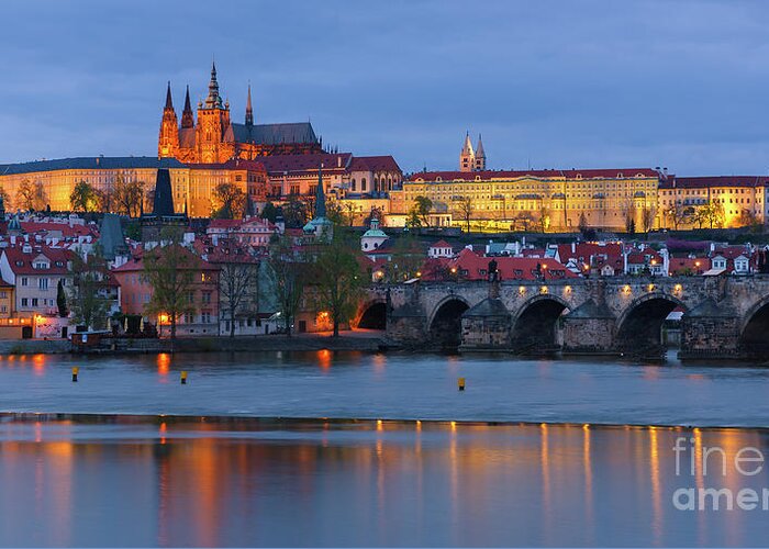 Architecture Greeting Card featuring the photograph Prague Castle and Charles Bridge at Twilight by Henk Meijer Photography