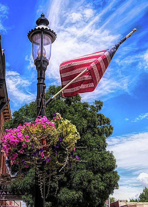 American Greeting Card featuring the photograph Pretty All American Lamp Post Flowers and Flag by Debra Martz