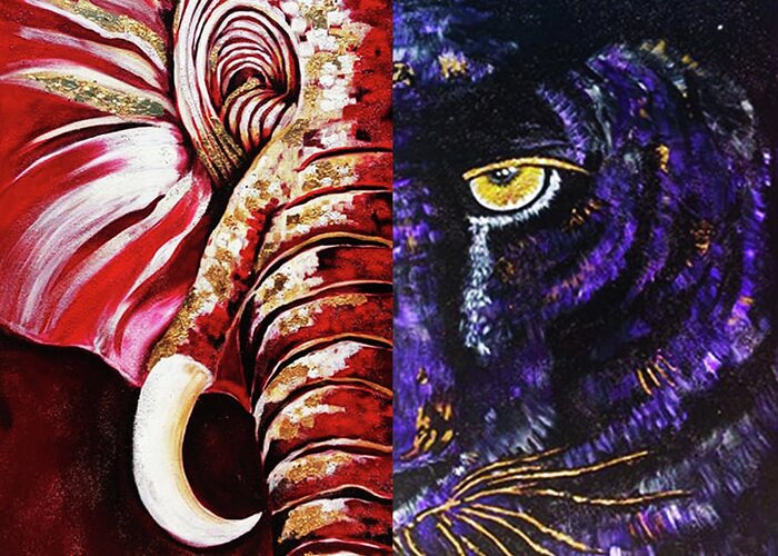 Elephant And A Panther Repping You Org And You School Can Create Custom Piece Greeting Card featuring the painting Proud Soror, Proud Panther by Femme Blaicasso