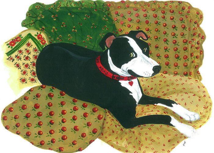 Dog On A Pile Of Pillows Greeting Card featuring the painting Province Pillow by Jan Panico