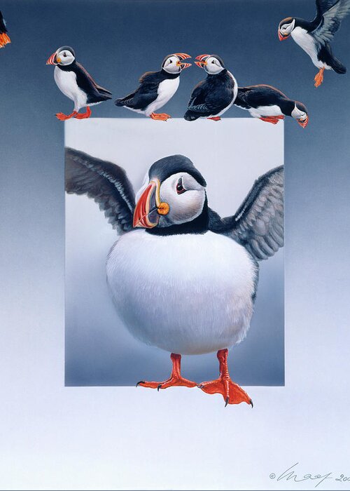 Puffins Greeting Card featuring the painting Puffins by Harro Maass