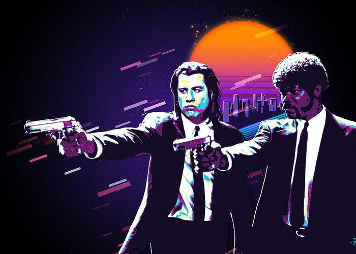 ‘cinema Treasures’ Collection By Serge Averbukh Greeting Card featuring the digital art Pulp Fiction Revisited - Urban Neon Vincent Vega and Jules Winnfield by Serge Averbukh