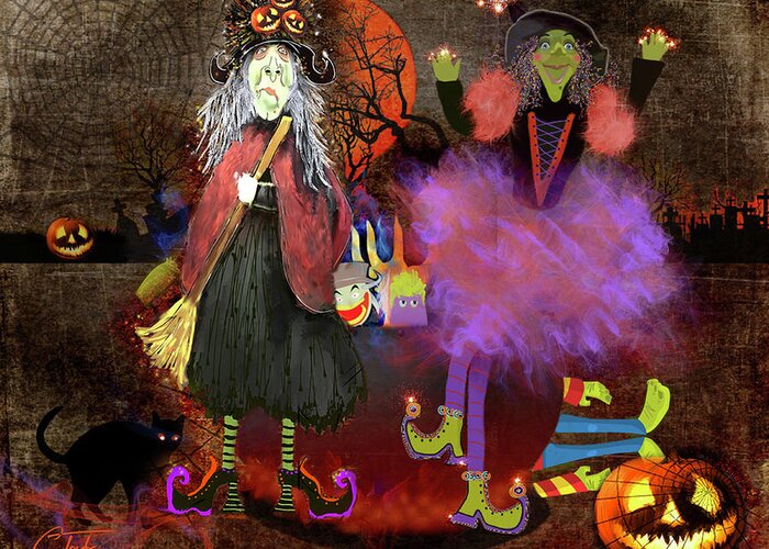 Halloween Greeting Card featuring the mixed media Pumkinella and Flufnella by Colleen Taylor