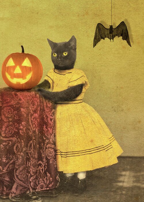 Pumpkin And Cat Greeting Card featuring the painting Pumpkin And Cat by J Hovenstine Studios