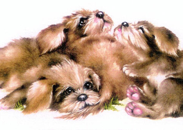 A Pile Of Puppies Greeting Card featuring the painting Puppy Pile by Peggy Harris