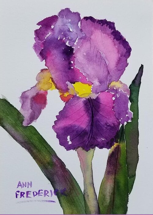 Purple Greeting Card featuring the painting Purple Bearded Iris by Ann Frederick