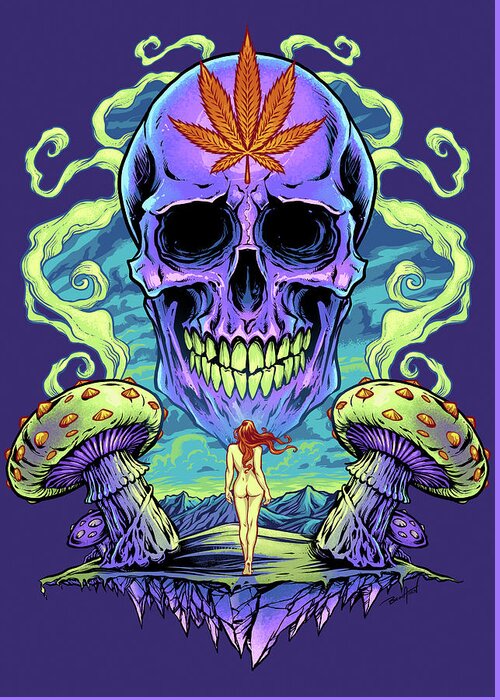 Purple Cannabis Skull With Mushrooms Greeting Card featuring the digital art Purple Cannabis Skull With Mushrooms by Flyland Designs