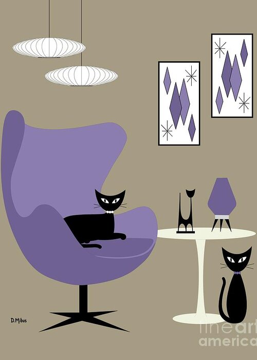 Mid Century Modern Greeting Card featuring the digital art Purple Egg Chair with Cats by Donna Mibus